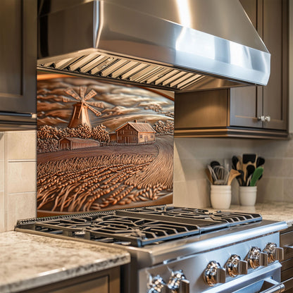 Copper Embossed Kitchen Backsplash: Rustic Farmhouse Windmill Scene