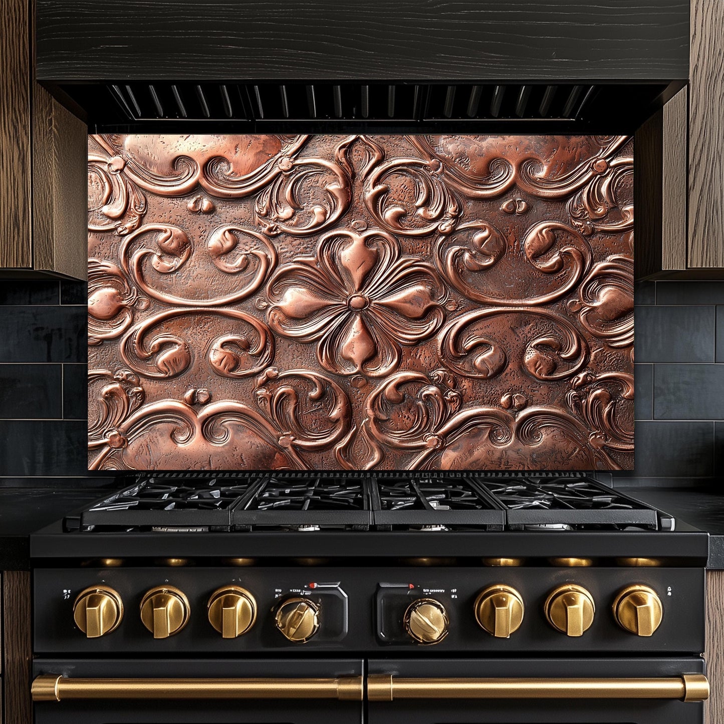 Copper-Effect Tempered Glass Backsplash: Rustic Kitchen Decor