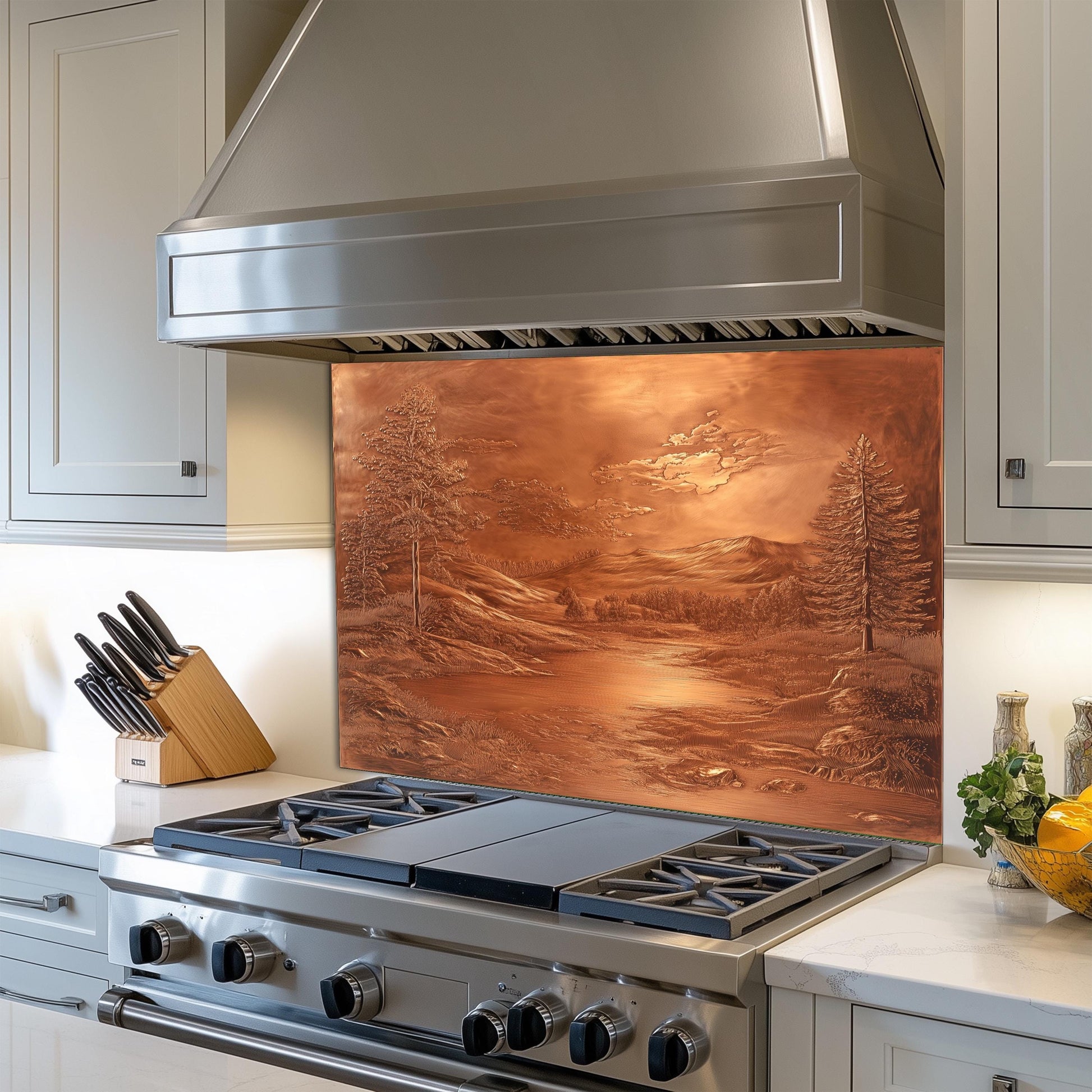Landscape kitchen backsplash, heat-resistant tempered glass, copper-effect design, rustic kitchen decor, easy clean wall protector, kitchen wall protector, stove backsplash