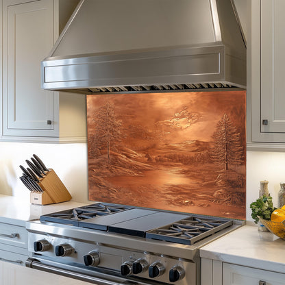 Landscape kitchen backsplash, heat-resistant tempered glass, copper-effect design, rustic kitchen decor, easy clean wall protector, kitchen wall protector, stove backsplash