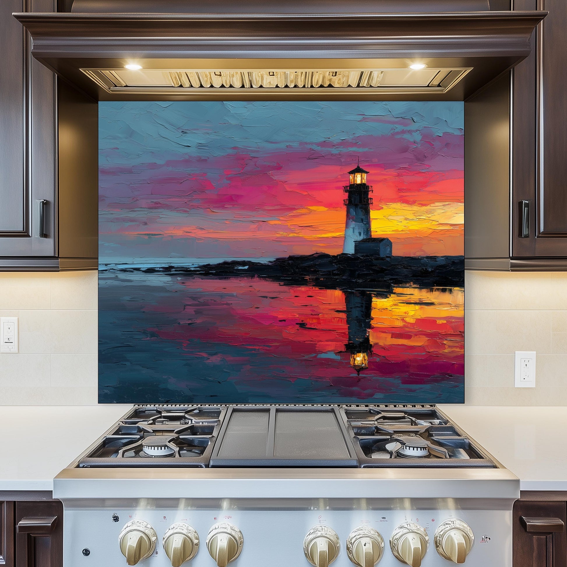 Sunset Lighthouse Kitchen Backsplash, Coastal Ocean Tempered Glass Art, Custom Size Design