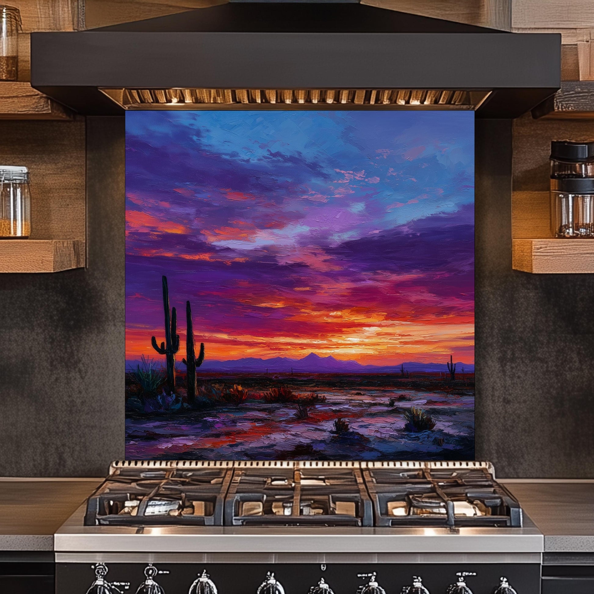 Desert Sunset Kitchen Backsplash: Southwestern Cactus Tempered Glass Wall Art
