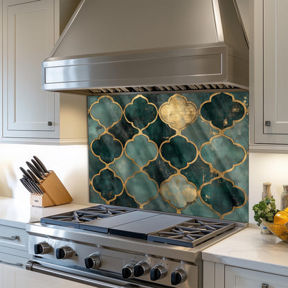 Moroccan Style Glass Backsplash, Blue Geometric Stove Guard, Heat Resistant Easy Clean Kitchen Art
