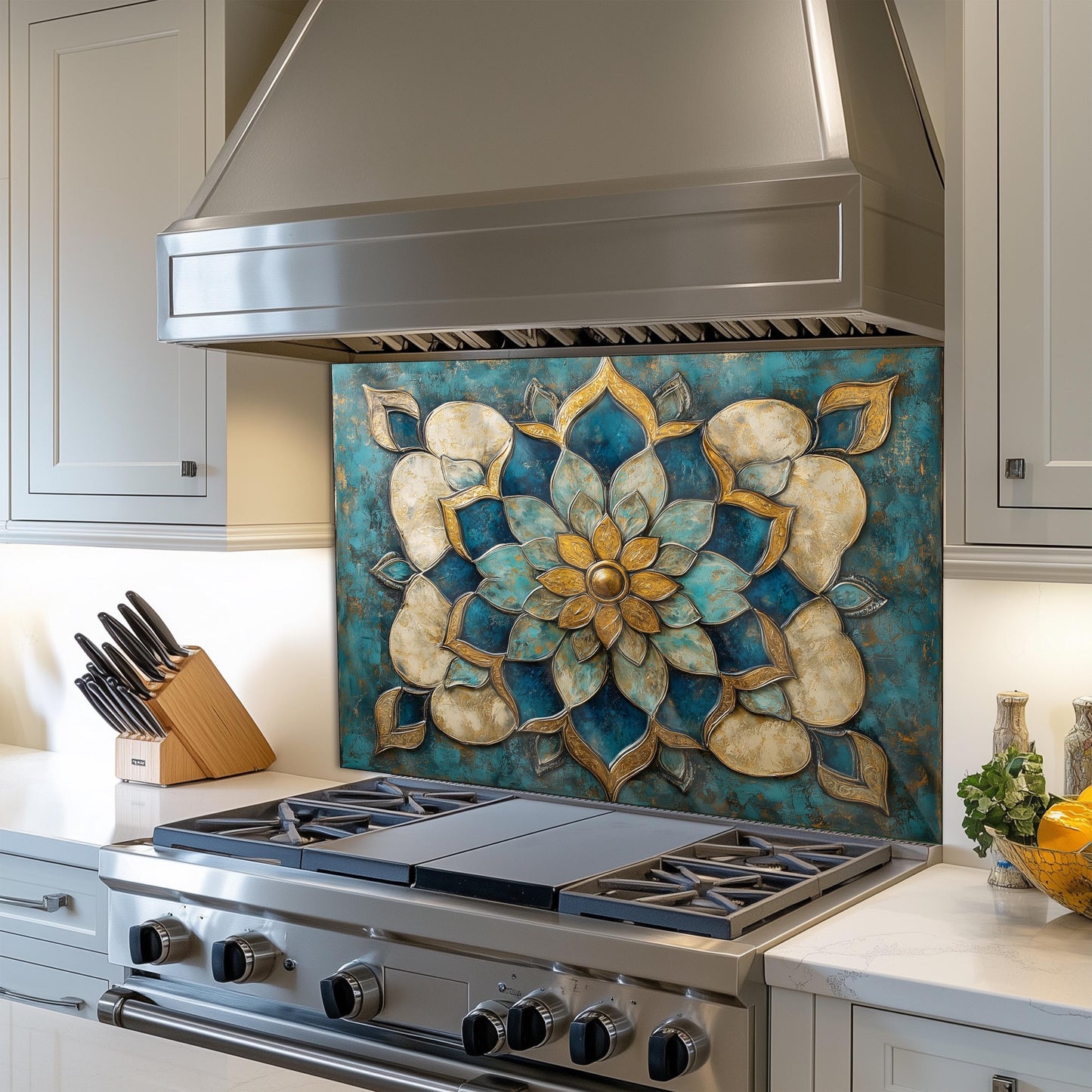 Moroccan Tempered Glass Kitchen Backsplash: Artistic Floral Stove Panel
