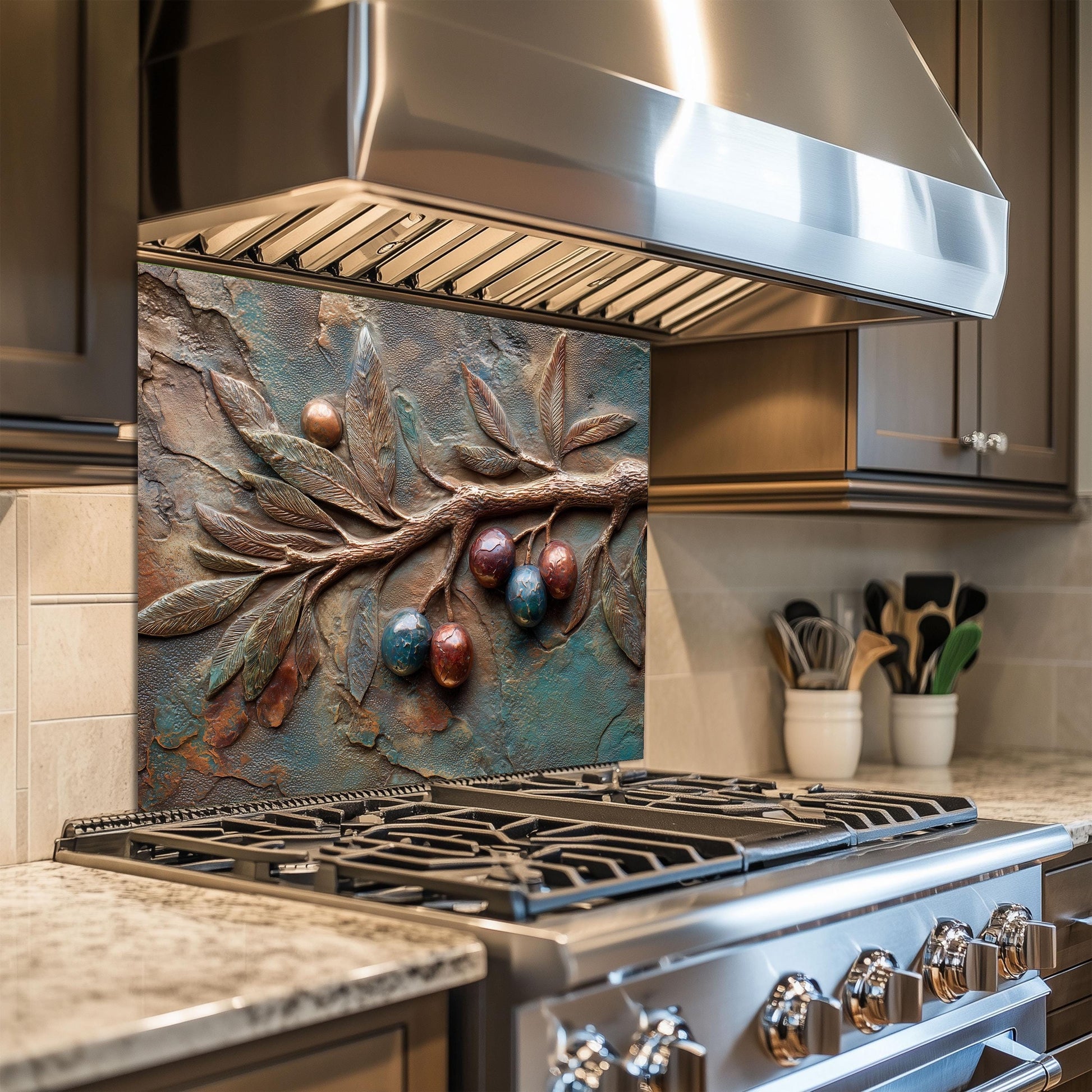 Olive Branch Tempered Glass Backsplash: Rustic Tuscan Kitchen Decor