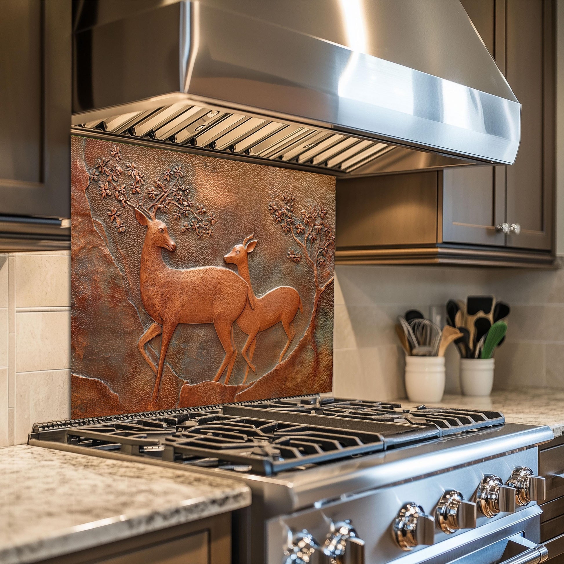 Copper Look Deer Backsplash: Tempered Glass Kitchen Stove Panel