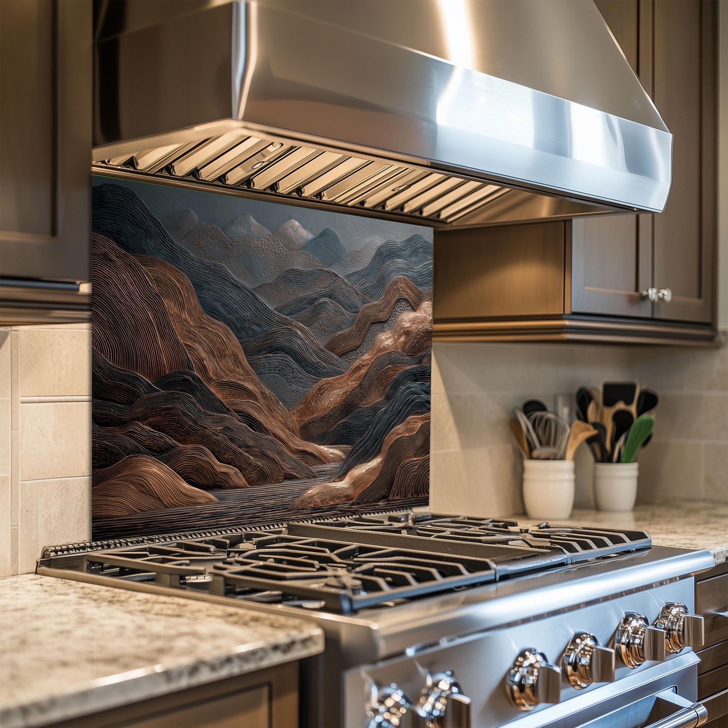 Tempered Glass Mountain Backsplash: Copper & Charcoal Abstract Art