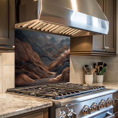 Tempered Glass Mountain Backsplash: Copper & Charcoal Abstract Art