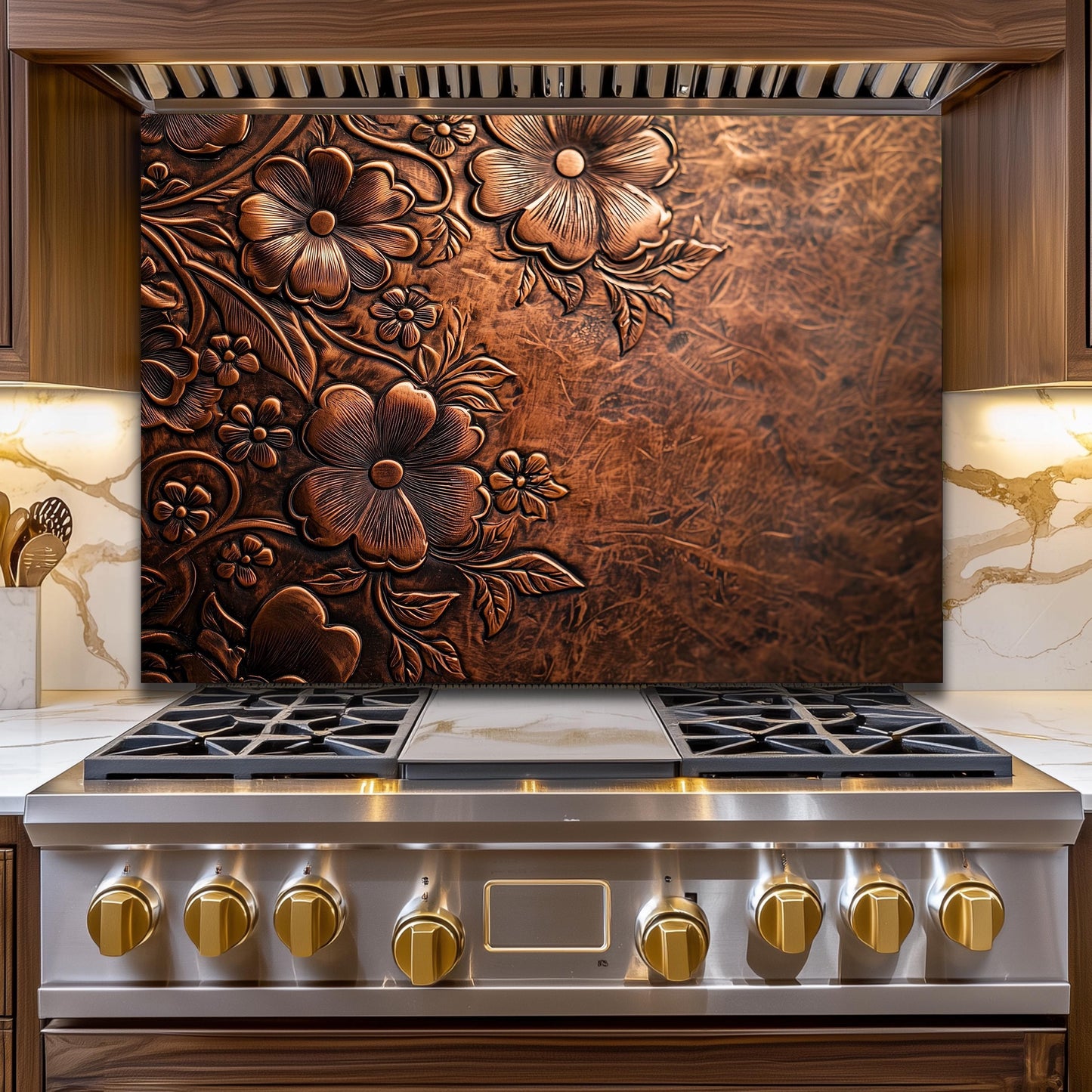 Embossed Floral Copper Glass Backsplash, Rustic Flower Stove Guard, Heat Resistant Kitchen Art