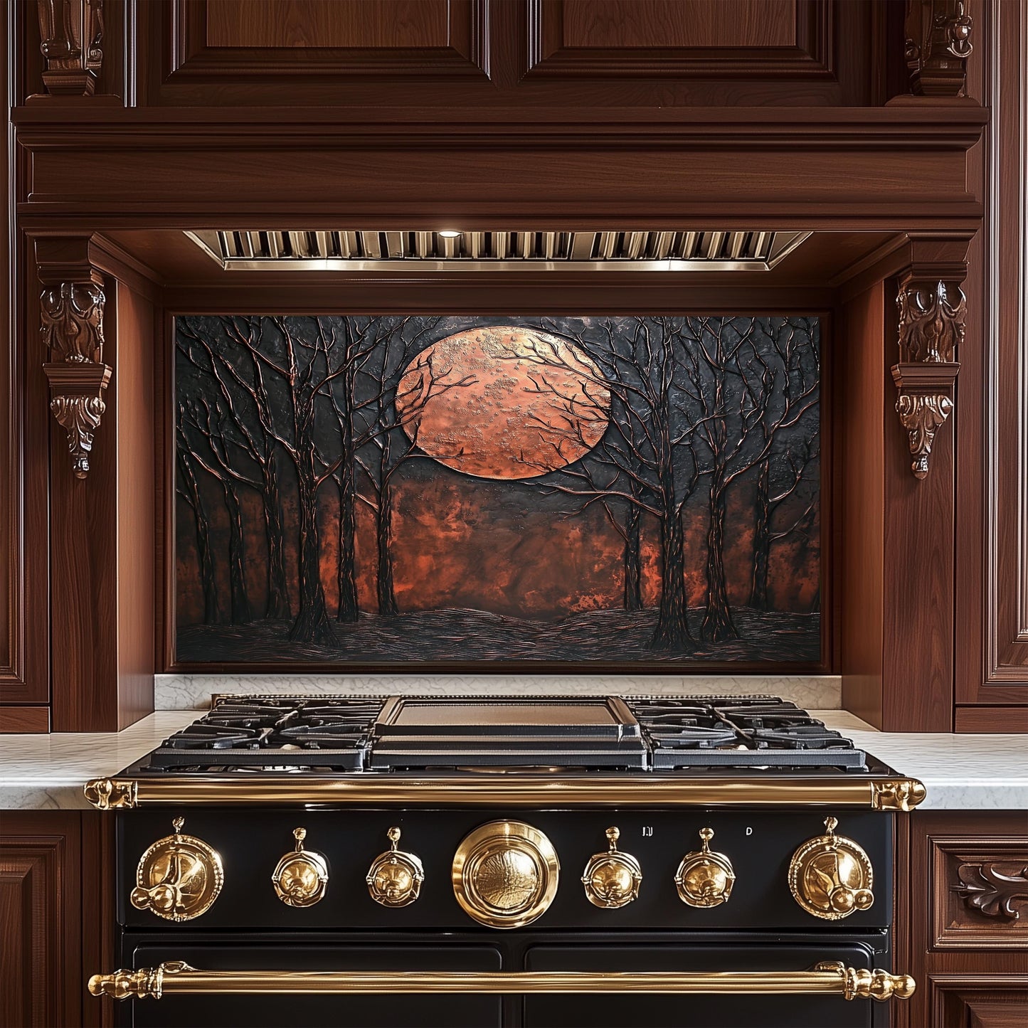 Moon Forest Glass Backsplash, Rustic Night Landscape Tempered Glass, Custom Size Design