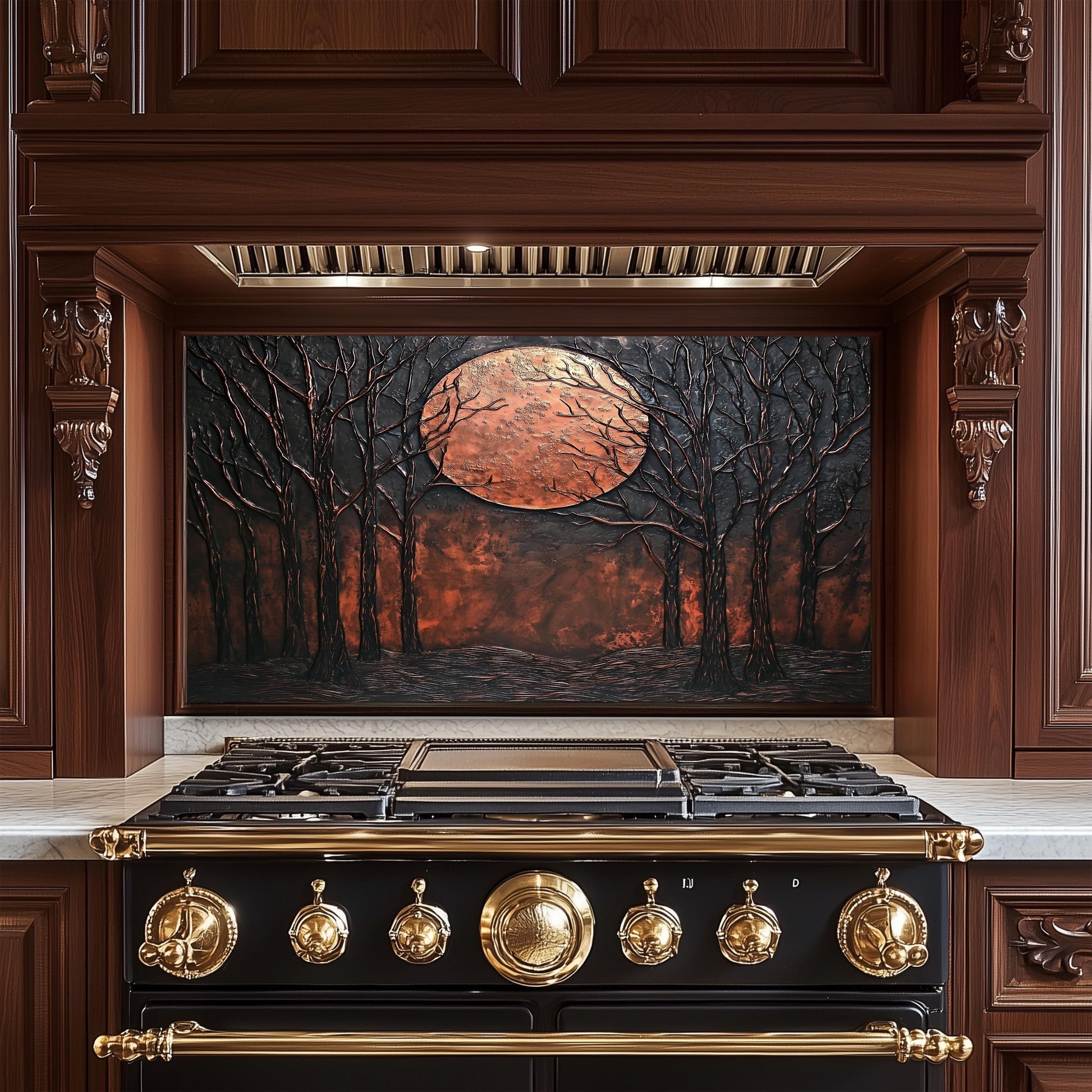 Moon Forest Glass Backsplash, Rustic Night Landscape Tempered Glass, Custom Size Design