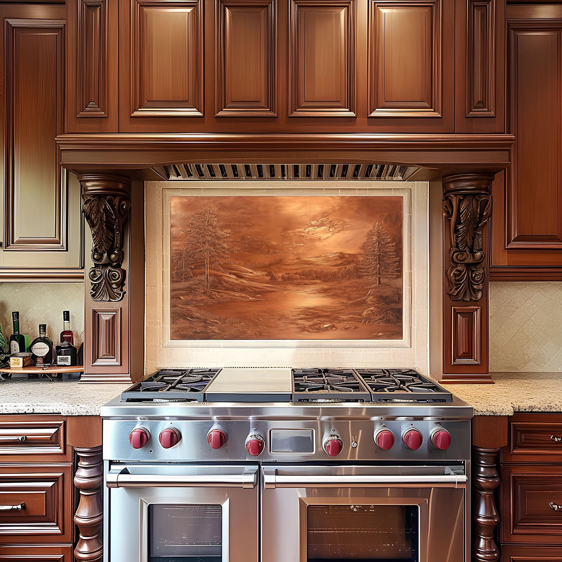 Rustic copper kitchen backsplash, landscape design, heat-resistant tempered glass, easy clean wall protector, vintage kitchen decor, stove protector