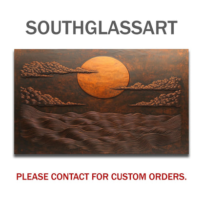 Copper Sunset Ocean Glass Backsplash, Rustic Beach Stove Guard, Heat Resistant Easy Clean Art