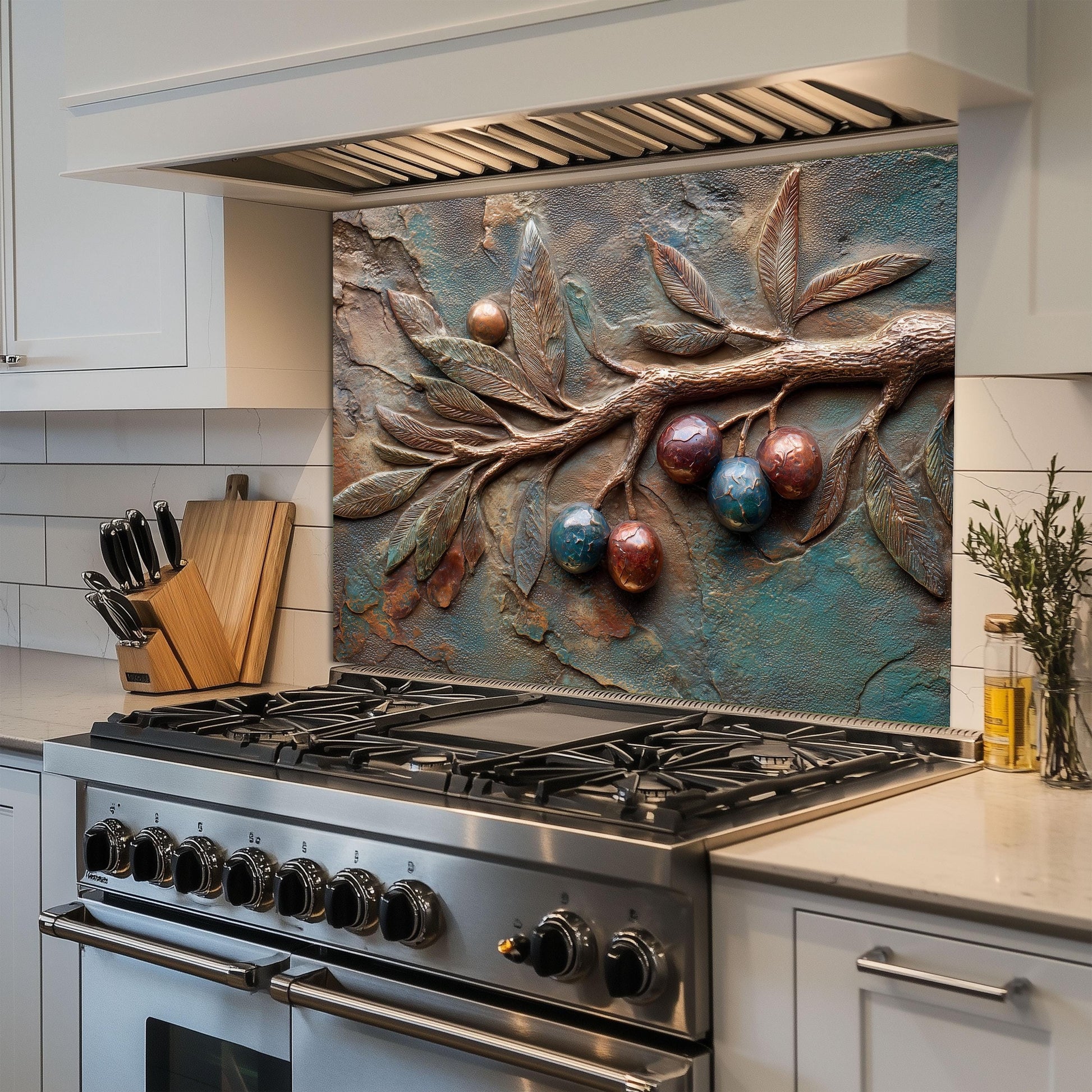 Olive Branch Tempered Glass Backsplash: Rustic Tuscan Kitchen Decor