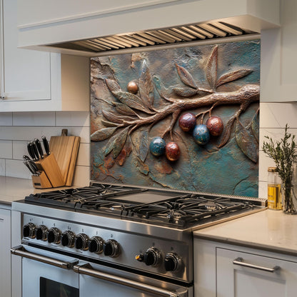 Olive Branch Tempered Glass Backsplash: Rustic Tuscan Kitchen Decor