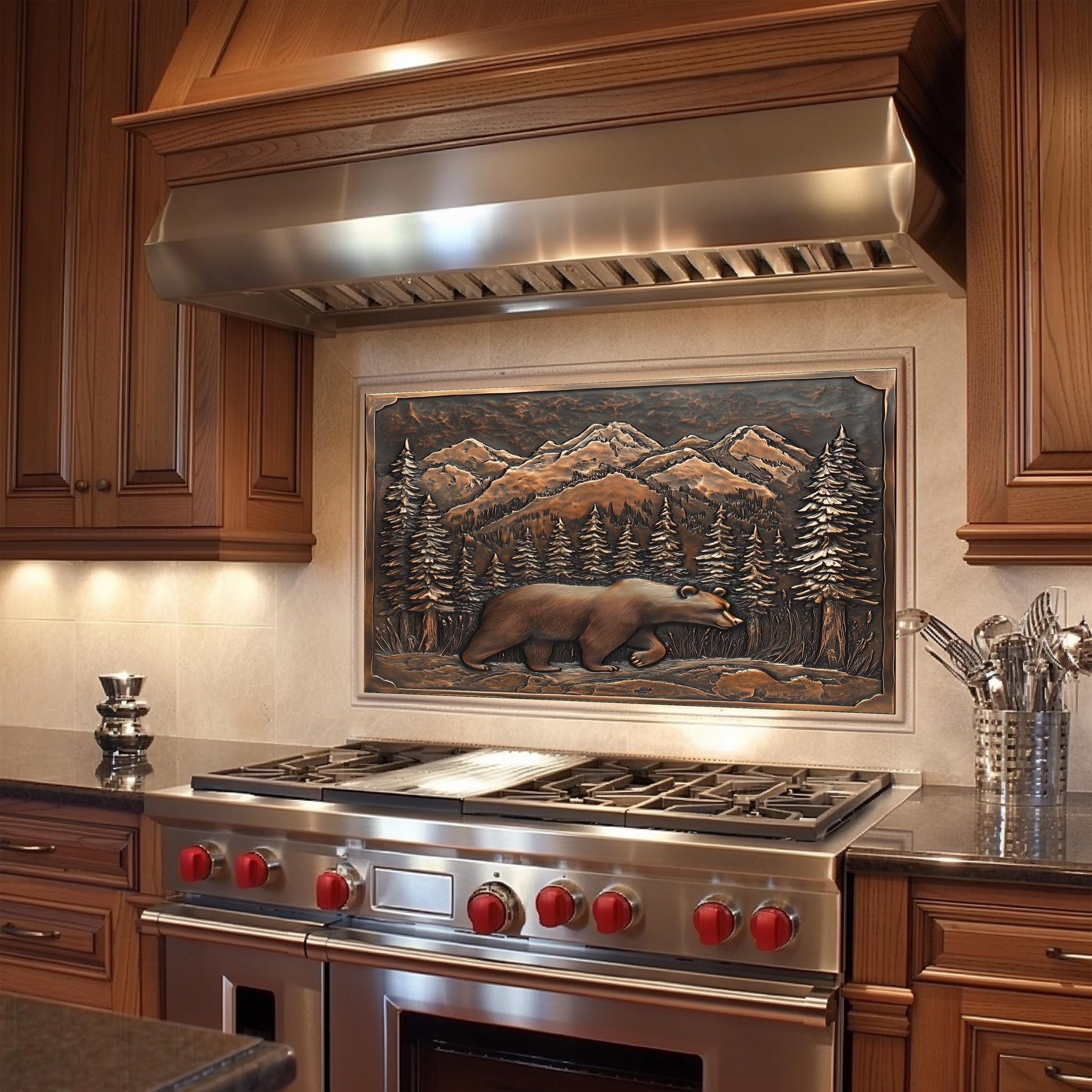 Mountain Bear Tempered Glass Stove Cover: Artistic Kitchen Backsplash