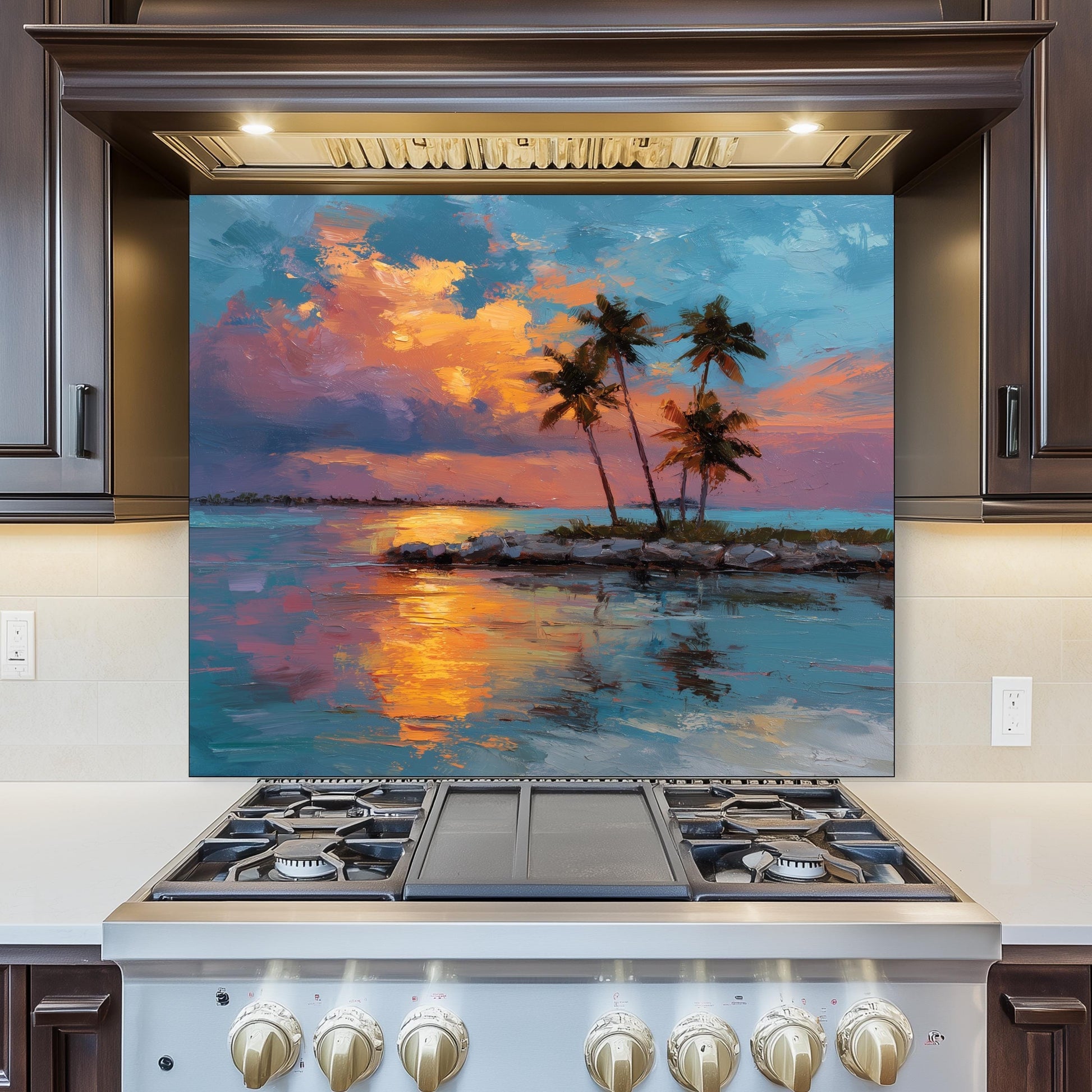Tropical Sunset Glass Backsplash, Palm Tree Ocean Stove Guard, Heat Resistant Easy Clean Art