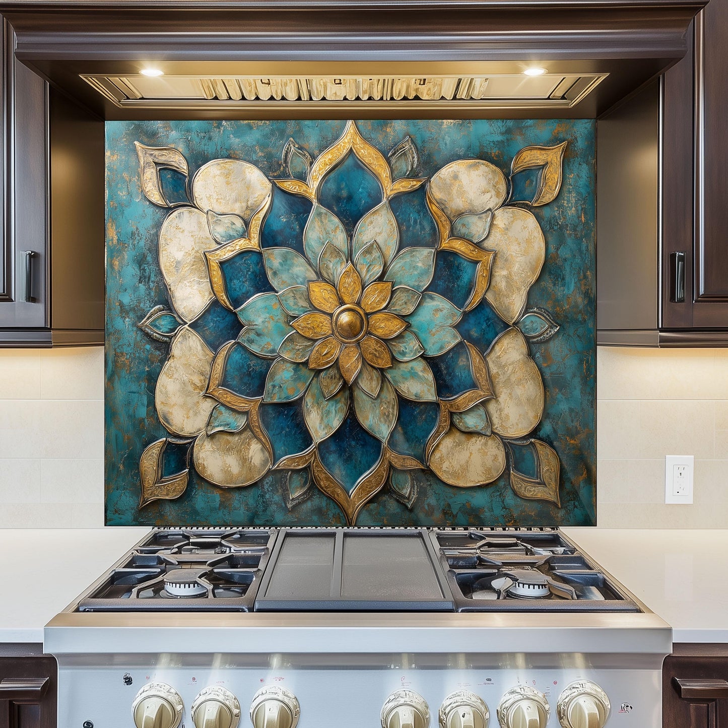 Moroccan Tempered Glass Kitchen Backsplash: Artistic Floral Stove Panel