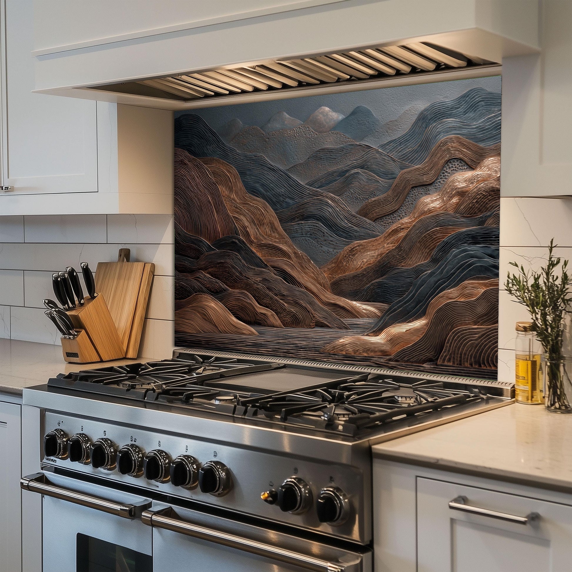 Tempered Glass Mountain Backsplash: Copper & Charcoal Abstract Art