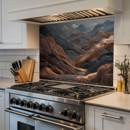 Tempered Glass Mountain Backsplash: Copper & Charcoal Abstract Art