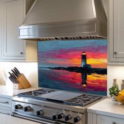 Sunset Lighthouse Kitchen Backsplash, Coastal Ocean Tempered Glass Art, Custom Size Design