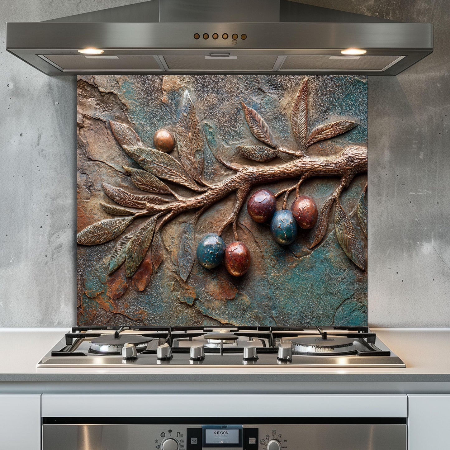 Olive Branch Tempered Glass Backsplash: Rustic Tuscan Kitchen Decor