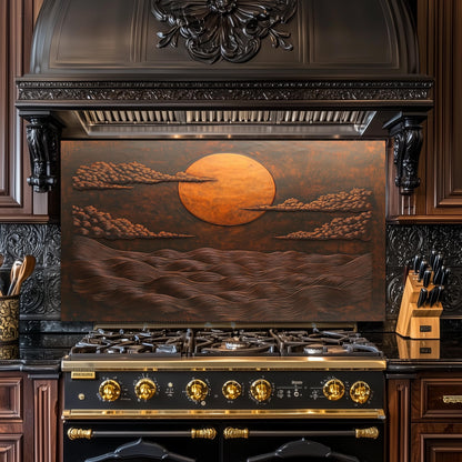 Copper Sunset Ocean Glass Backsplash, Rustic Beach Stove Guard, Heat Resistant Easy Clean Art