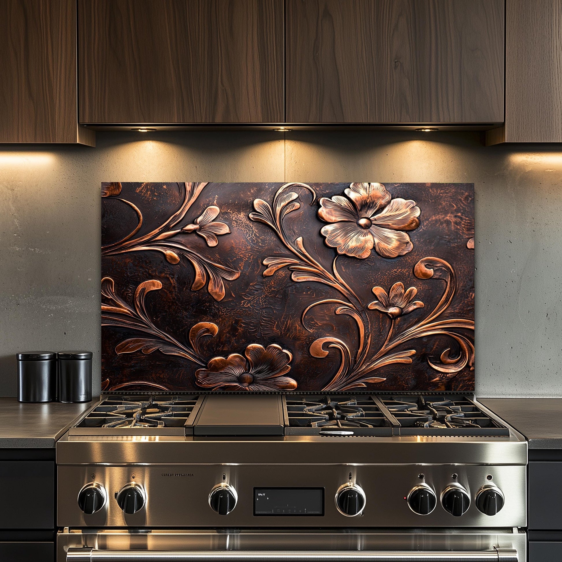 Embossed Copper Floral Glass Backsplash: Rustic Kitchen Decor
