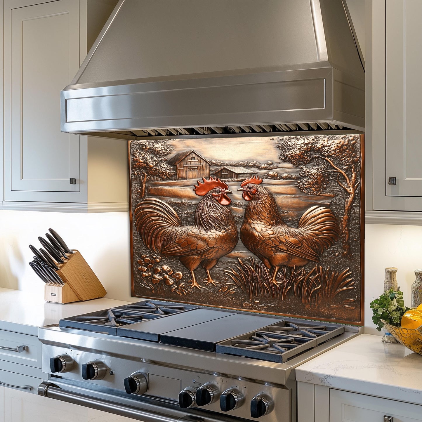 Farmhouse kitchen backsplash, heat-resistant tempered glass, rooster and barn design, rustic kitchen decor, easy clean wall protector, copper-effect backsplash, kitchen art