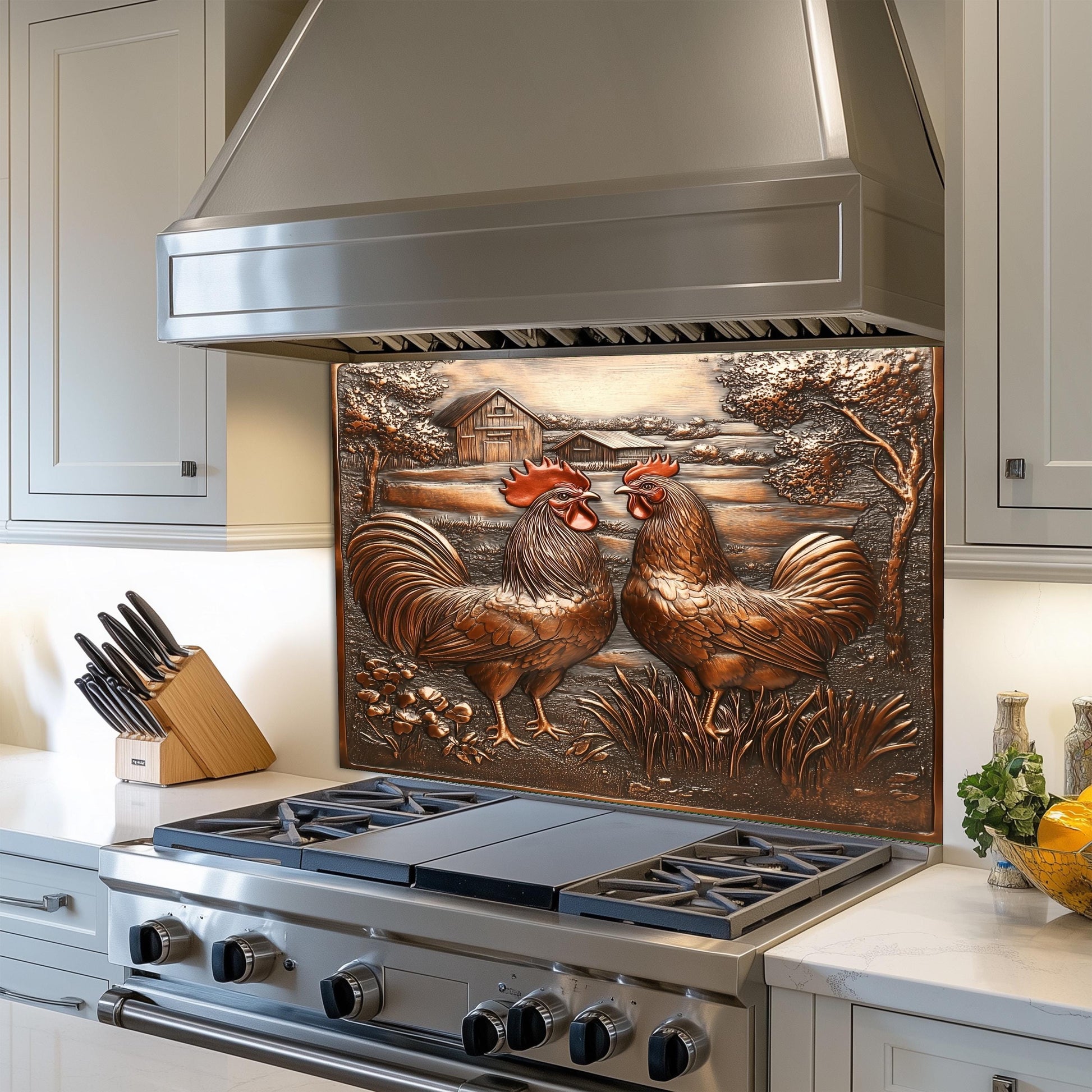 Farmhouse kitchen backsplash, heat-resistant tempered glass, rooster and barn design, rustic kitchen decor, easy clean wall protector, copper-effect backsplash, kitchen art