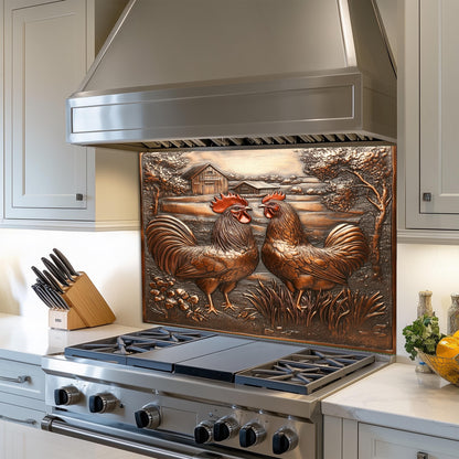 Farmhouse kitchen backsplash, heat-resistant tempered glass, rooster and barn design, rustic kitchen decor, easy clean wall protector, copper-effect backsplash, kitchen art