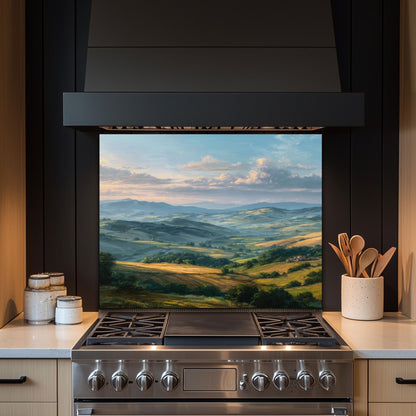 Tuscan Hills Glass Backsplash, Rustic Italy Scene Stove Guard, Heat Resistant Kitchen Wall Art