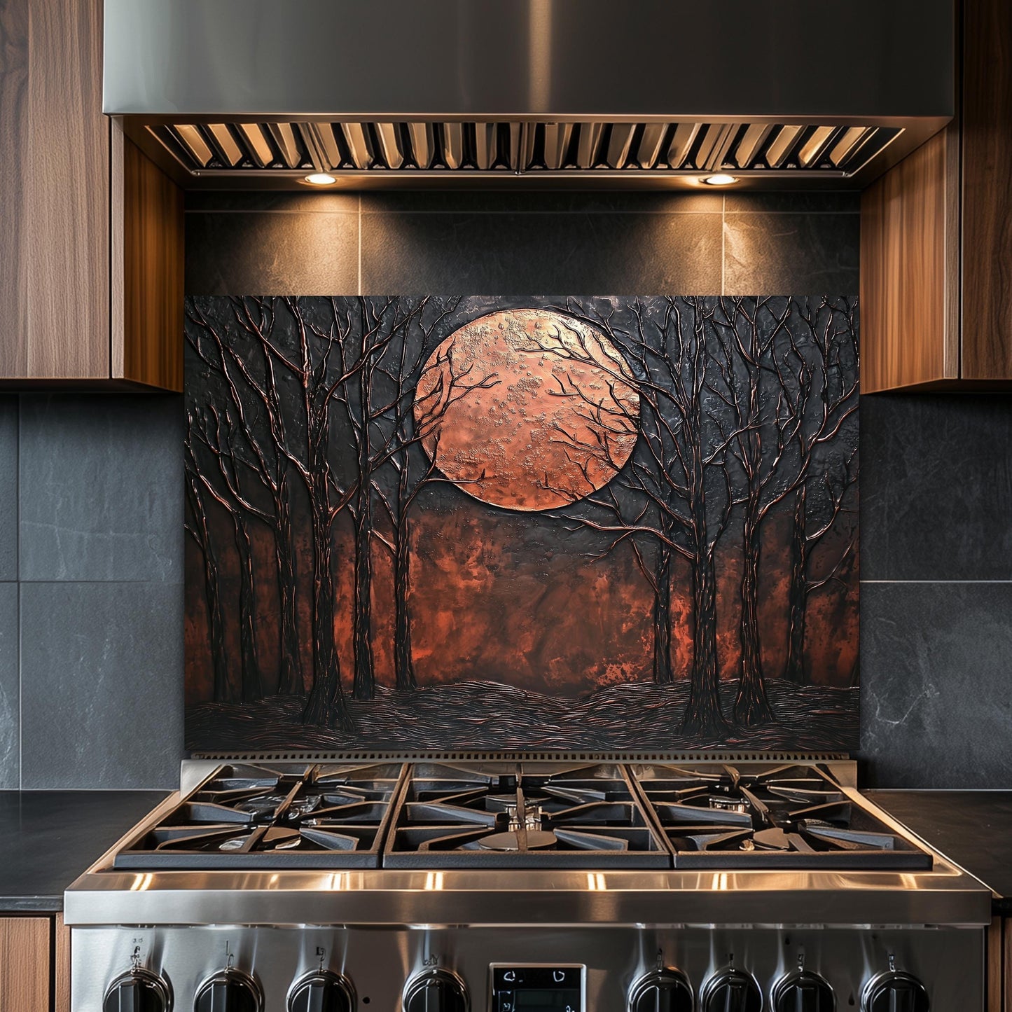 Moon Forest Glass Backsplash, Rustic Night Landscape Tempered Glass, Custom Size Design