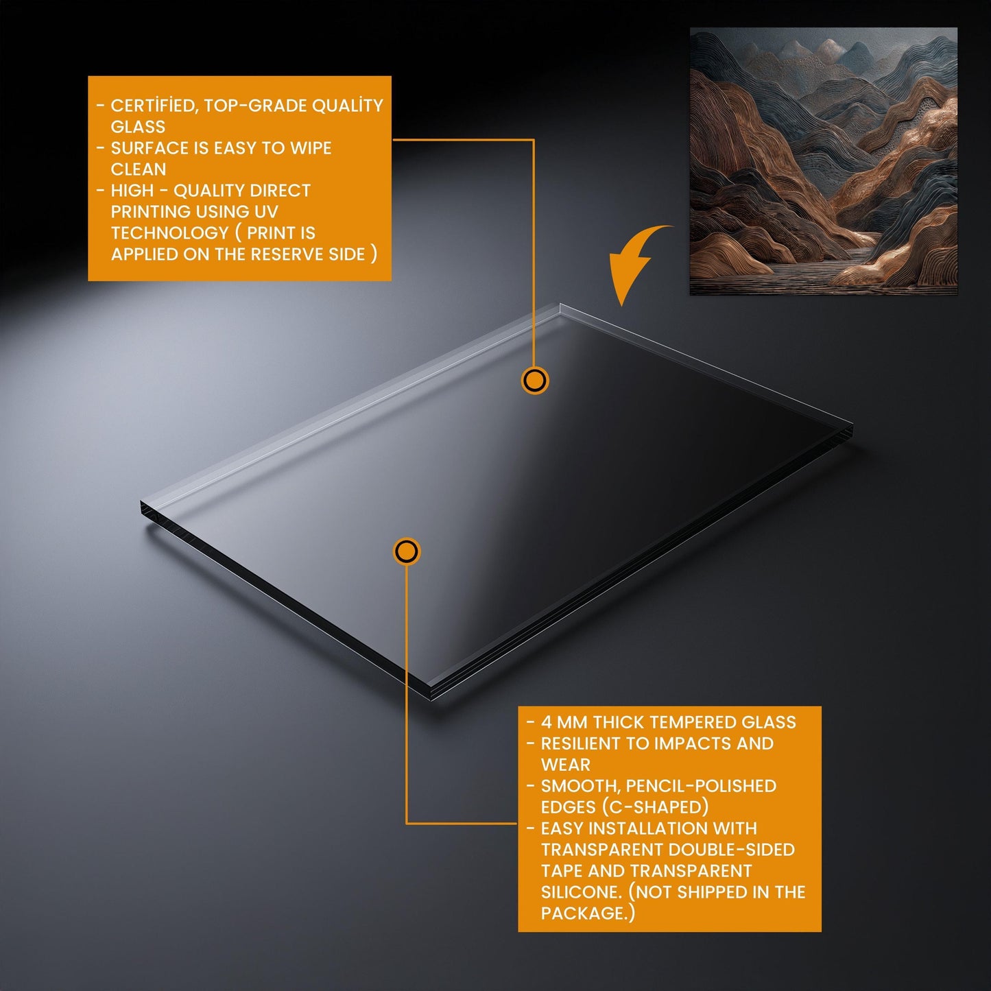 Tempered Glass Mountain Backsplash: Copper & Charcoal Abstract Art