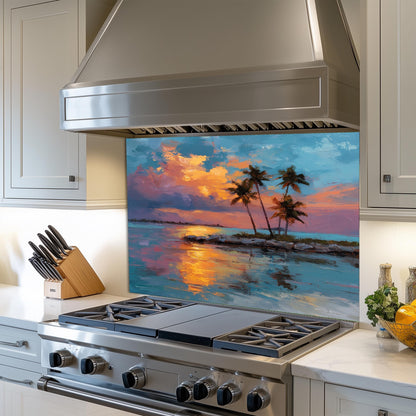 Tropical Sunset Glass Backsplash, Palm Tree Ocean Stove Guard, Heat Resistant Easy Clean Art
