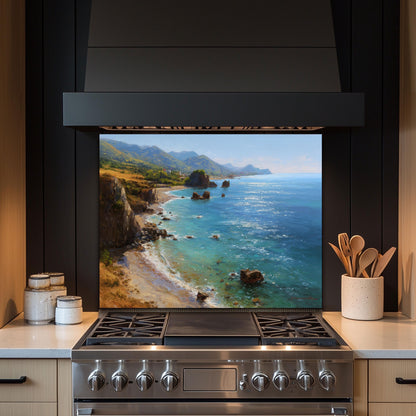 Tempered Glass Mountain Sunrise Backsplash: Coastal Kitchen Wall Art