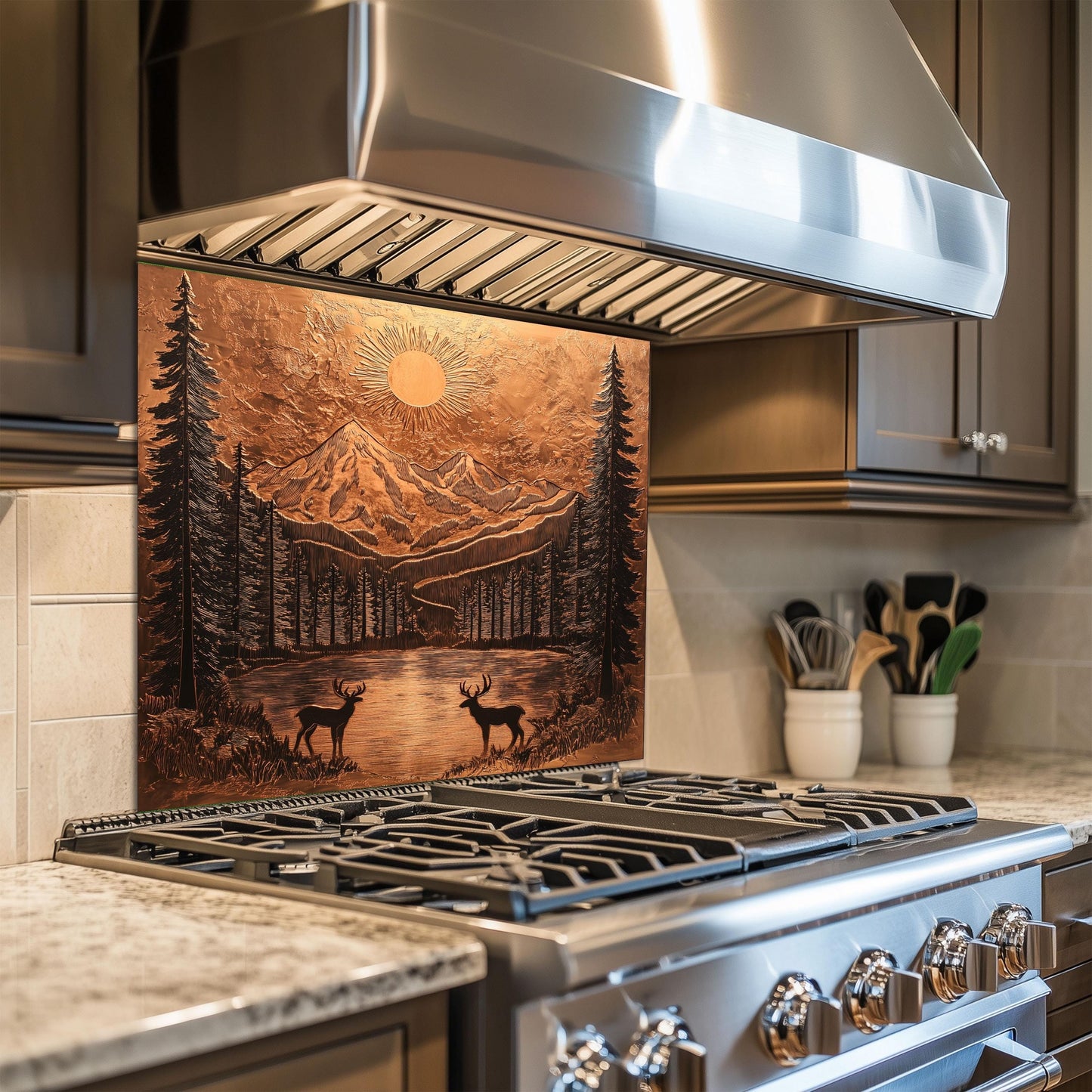 Tempered glass kitchen backsplash, mountain and deer copper design, heat-resistant wall protector, easy clean stove wall protector, rustic kitchen art, nature-inspired wall decor