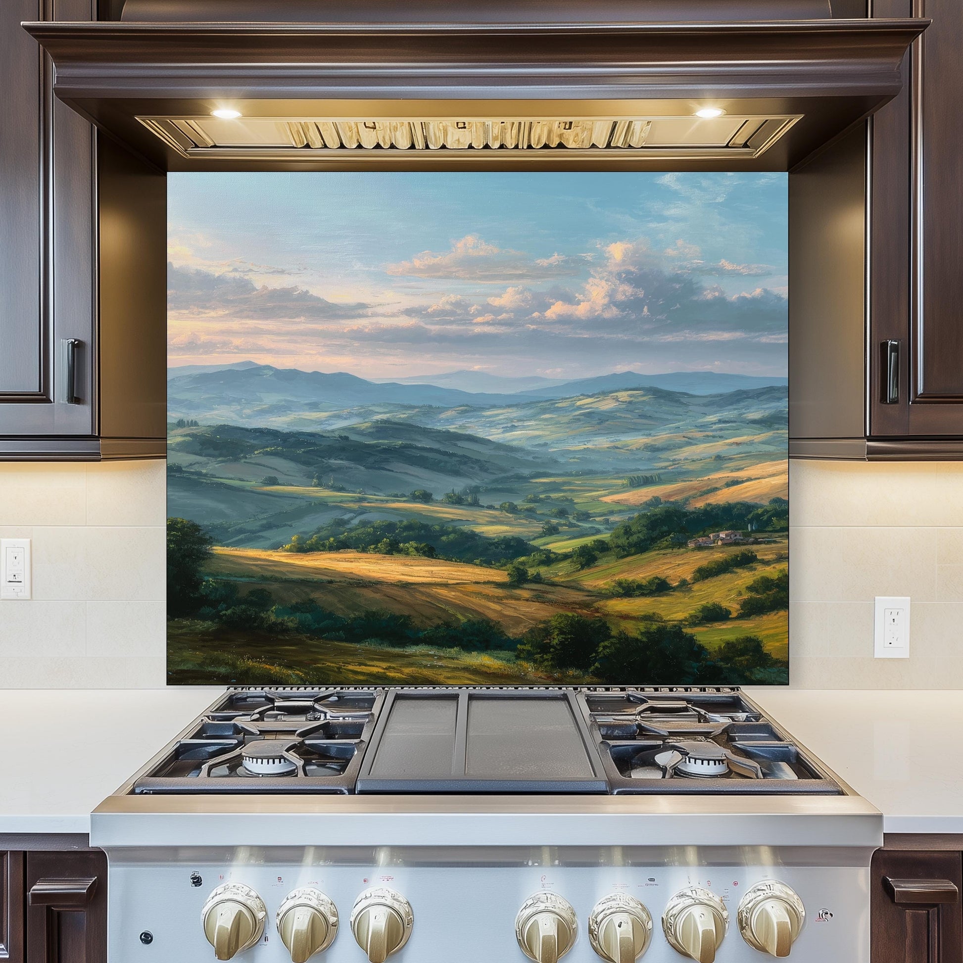 Tuscan Hills Glass Backsplash, Rustic Italy Scene Stove Guard, Heat Resistant Kitchen Wall Art