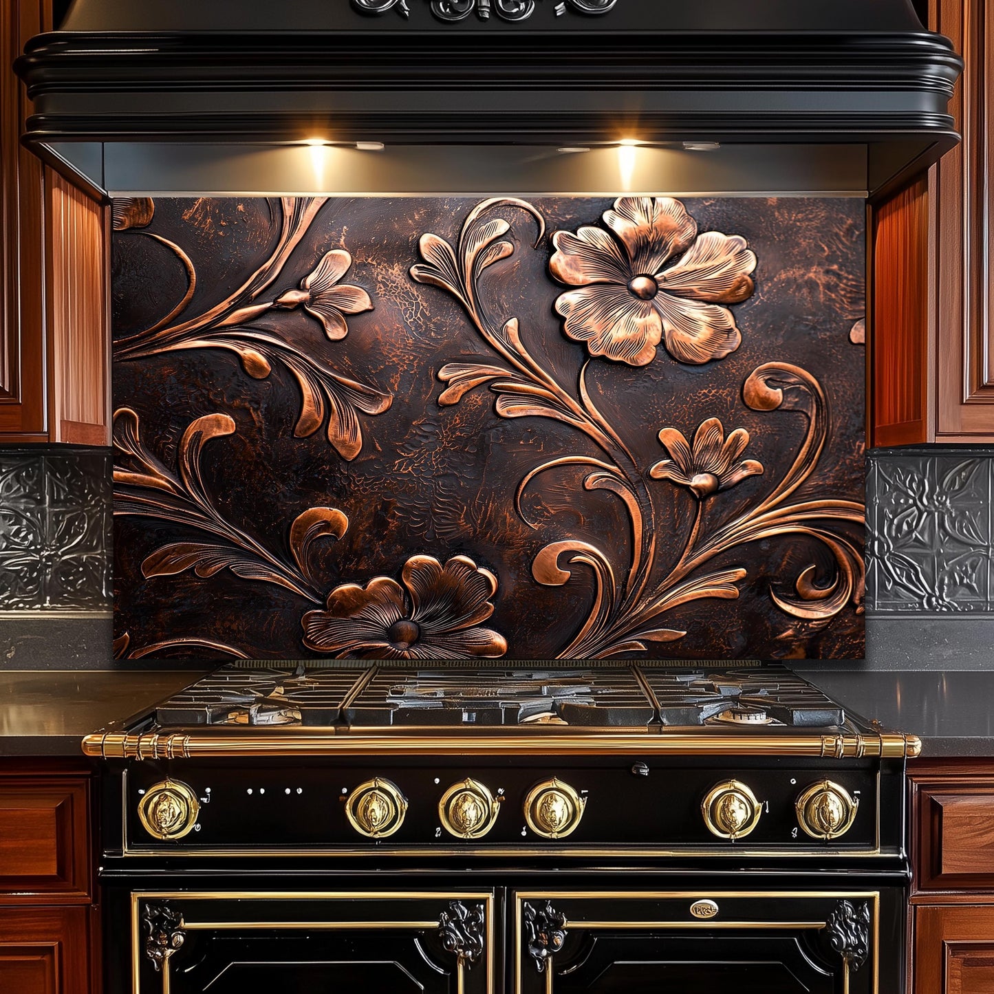 Embossed Copper Floral Glass Backsplash: Rustic Kitchen Decor
