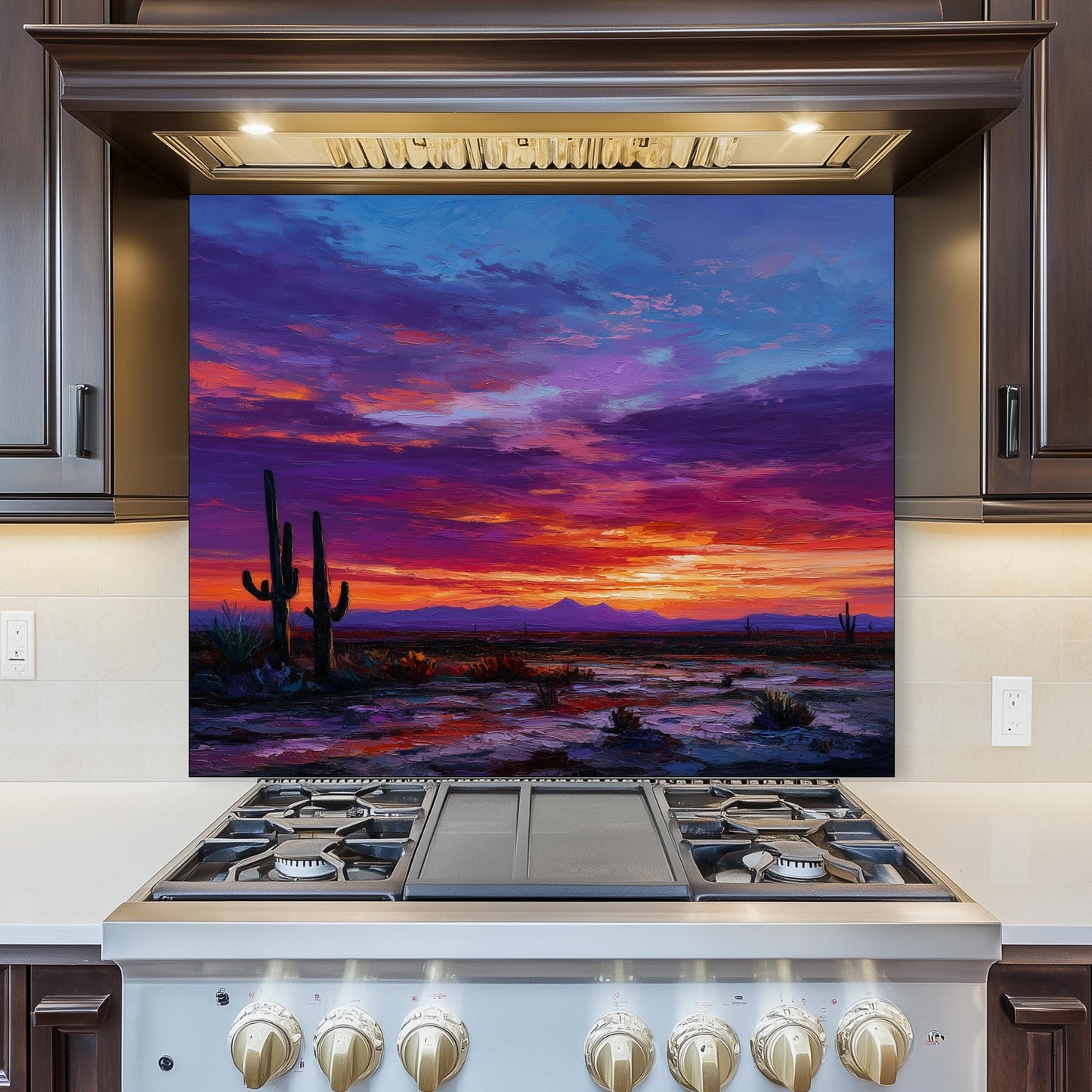 Desert Sunset Kitchen Backsplash: Southwestern Cactus Tempered Glass Wall Art