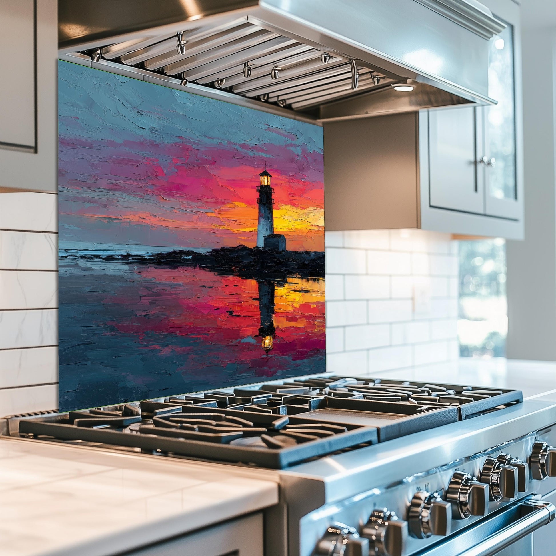 Sunset Lighthouse Kitchen Backsplash, Coastal Ocean Tempered Glass Art, Custom Size Design
