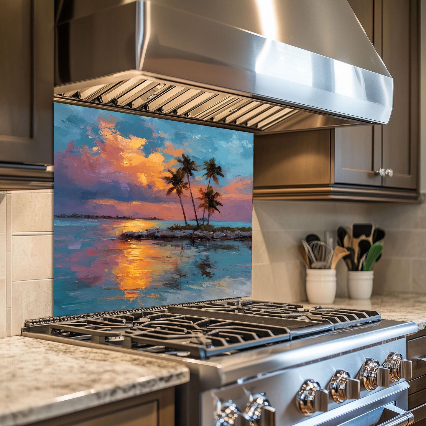Tropical Sunset Glass Backsplash, Palm Tree Ocean Stove Guard, Heat Resistant Easy Clean Art