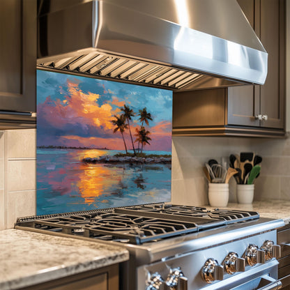 Tropical Sunset Glass Backsplash, Palm Tree Ocean Stove Guard, Heat Resistant Easy Clean Art