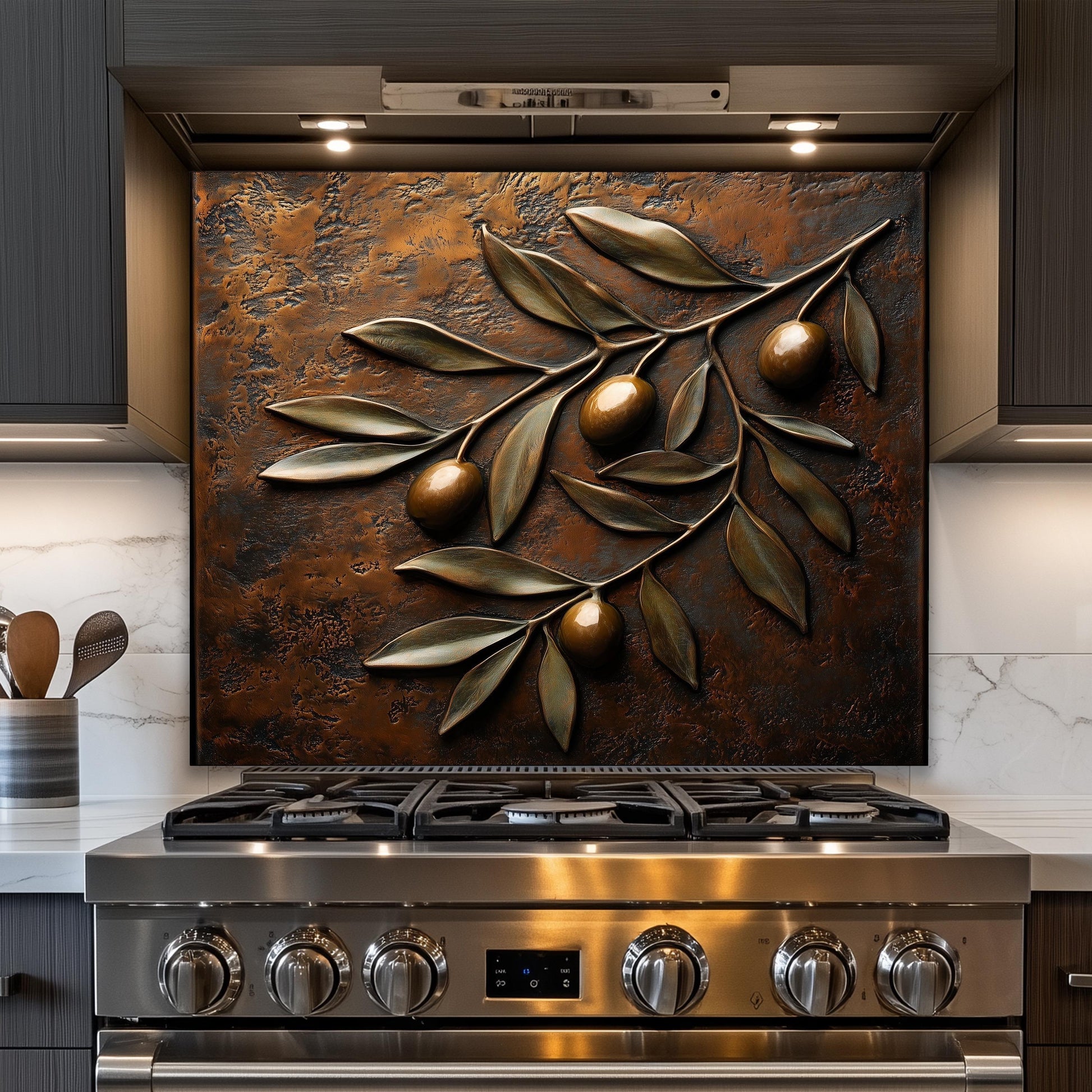 Rustic olive branch kitchen backsplash in heat-resistant tempered glass. Mediterranean-inspired wall protector with easy-to-clean surface, bringing farmhouse style and charm with intricate olive leaf detailing to your kitchen.
