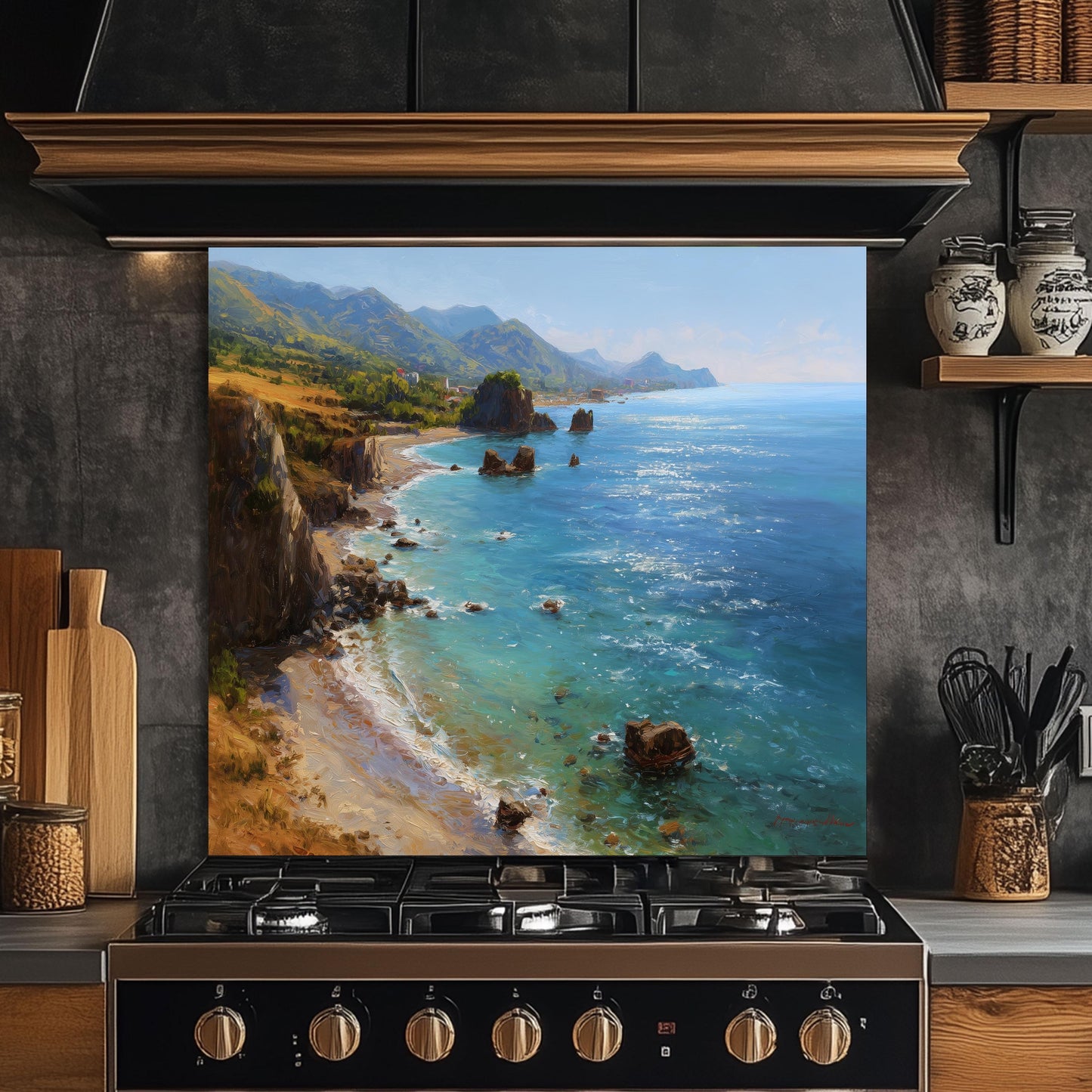 Tempered Glass Mountain Sunrise Backsplash: Coastal Kitchen Wall Art