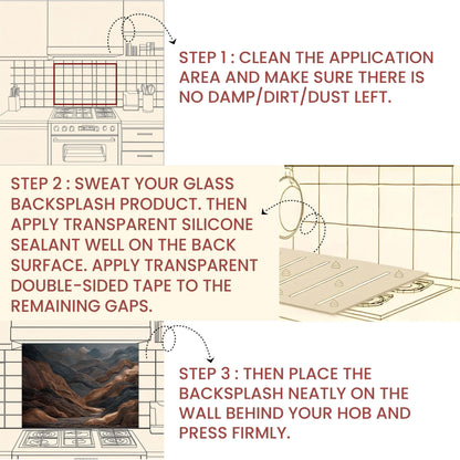 Tempered Glass Mountain Backsplash: Copper & Charcoal Abstract Art
