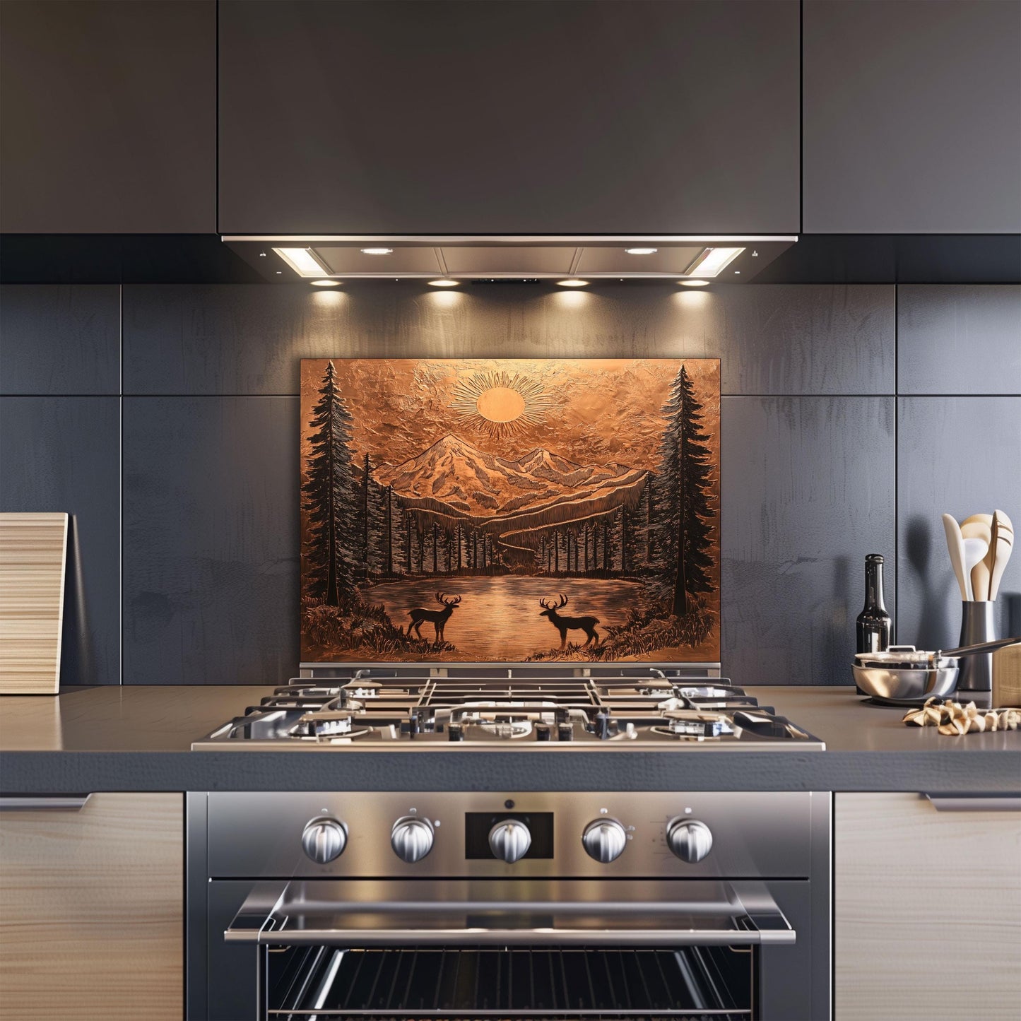 Copper mountain kitchen backsplash, heat-resistant tempered glass, nature-inspired kitchen wall protector, rustic decor, easy clean wall protector, stove protector, kitchen art