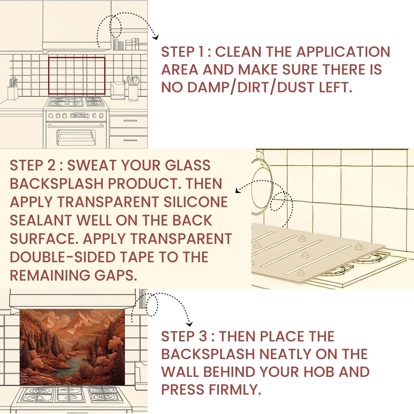 Rustic Sepia Mountain Glass Backsplash: Cabin Kitchen Stove Panel