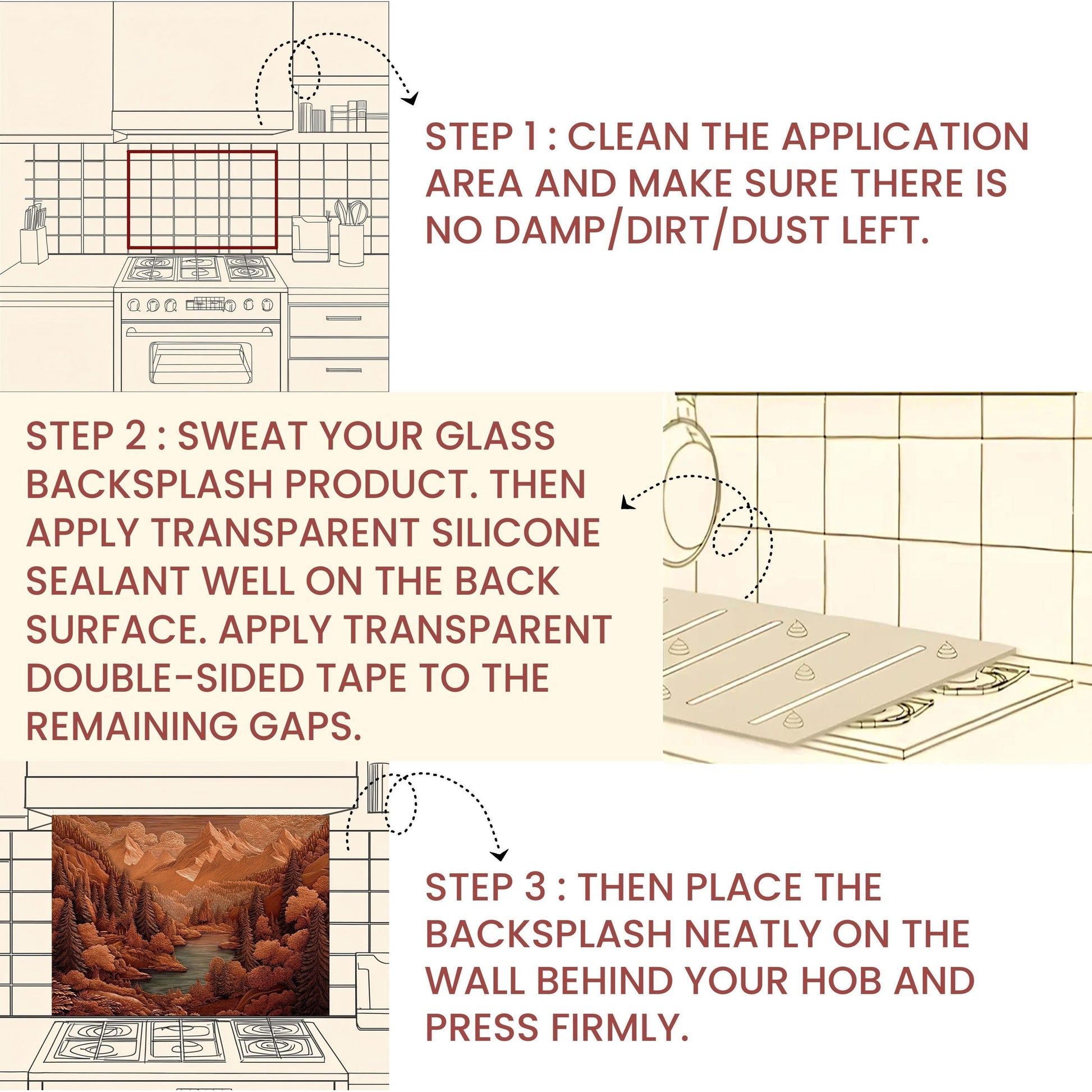 Rustic Sepia Mountain Glass Backsplash: Cabin Kitchen Stove Panel