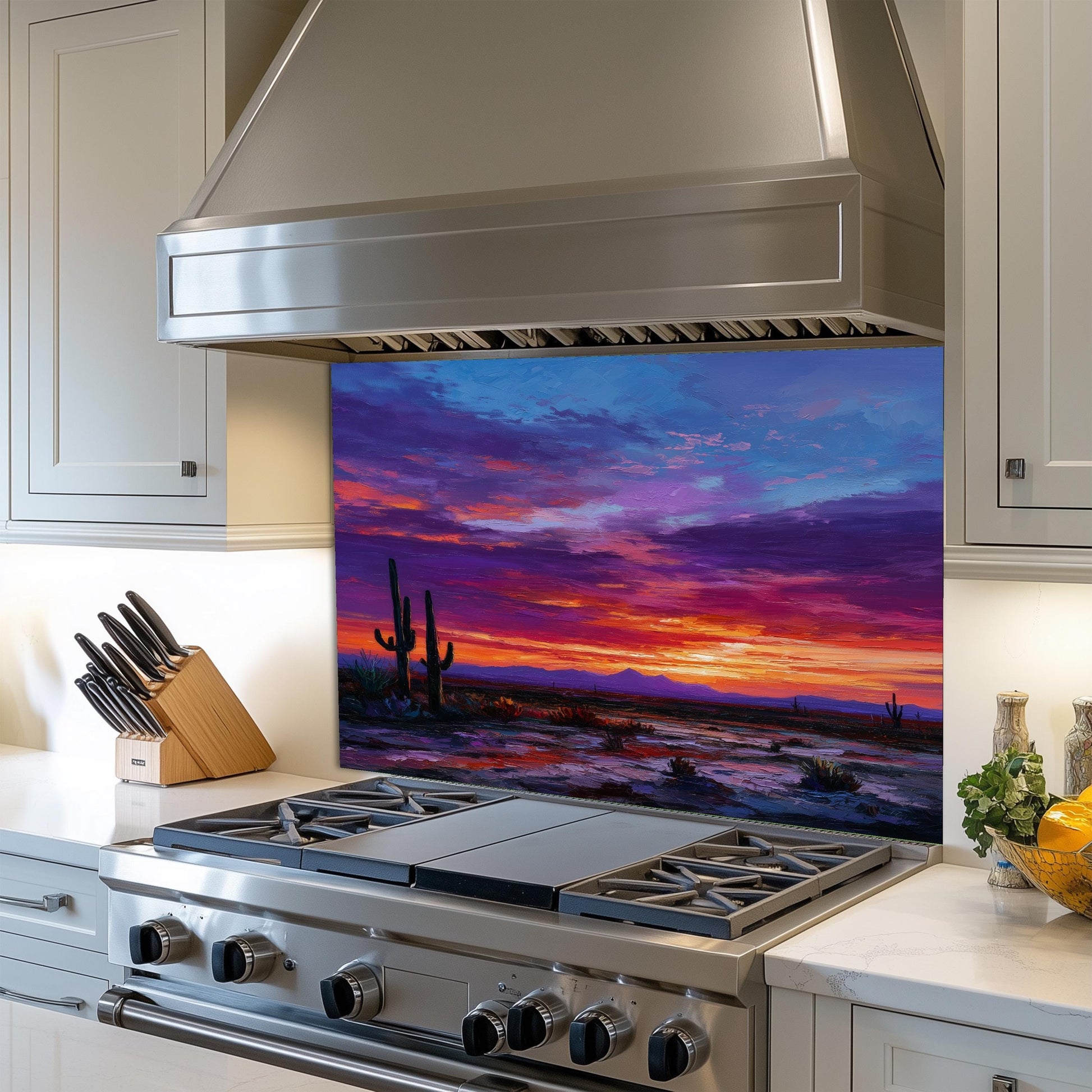Desert Sunset Kitchen Backsplash: Southwestern Cactus Tempered Glass Wall Art